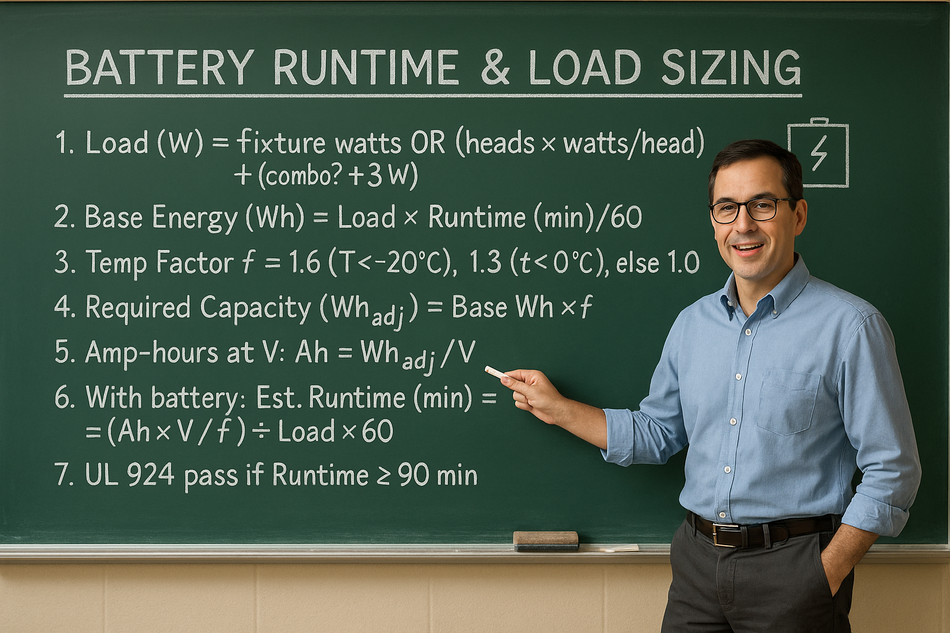 Technician checking emergency light battery runtime and load sizing