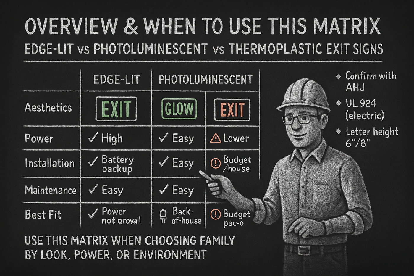 Edge‑Lit vs Photoluminescent vs Thermoplastic Exit Signs Diagram