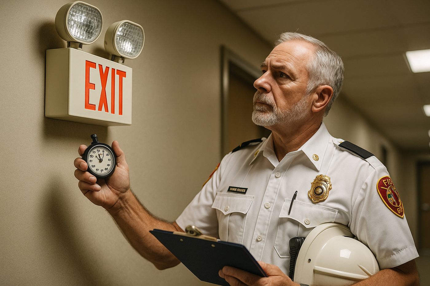 Fire chief checking an emergency light in a corridor, timing runtime to meet UL 924/NFPA 101.