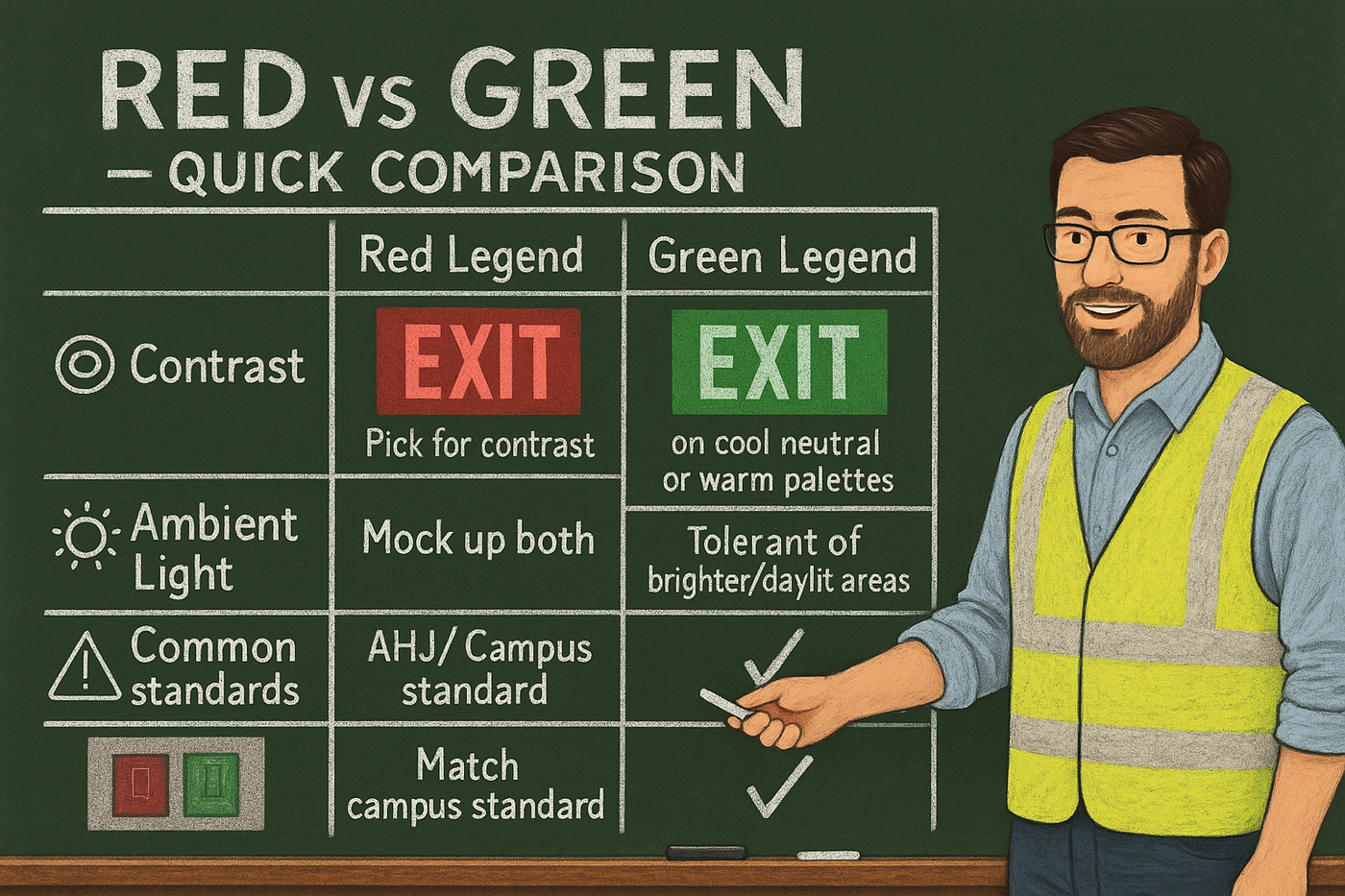Edge-Lit Exit Sign Red vs Green Visiblity Quick Compare
