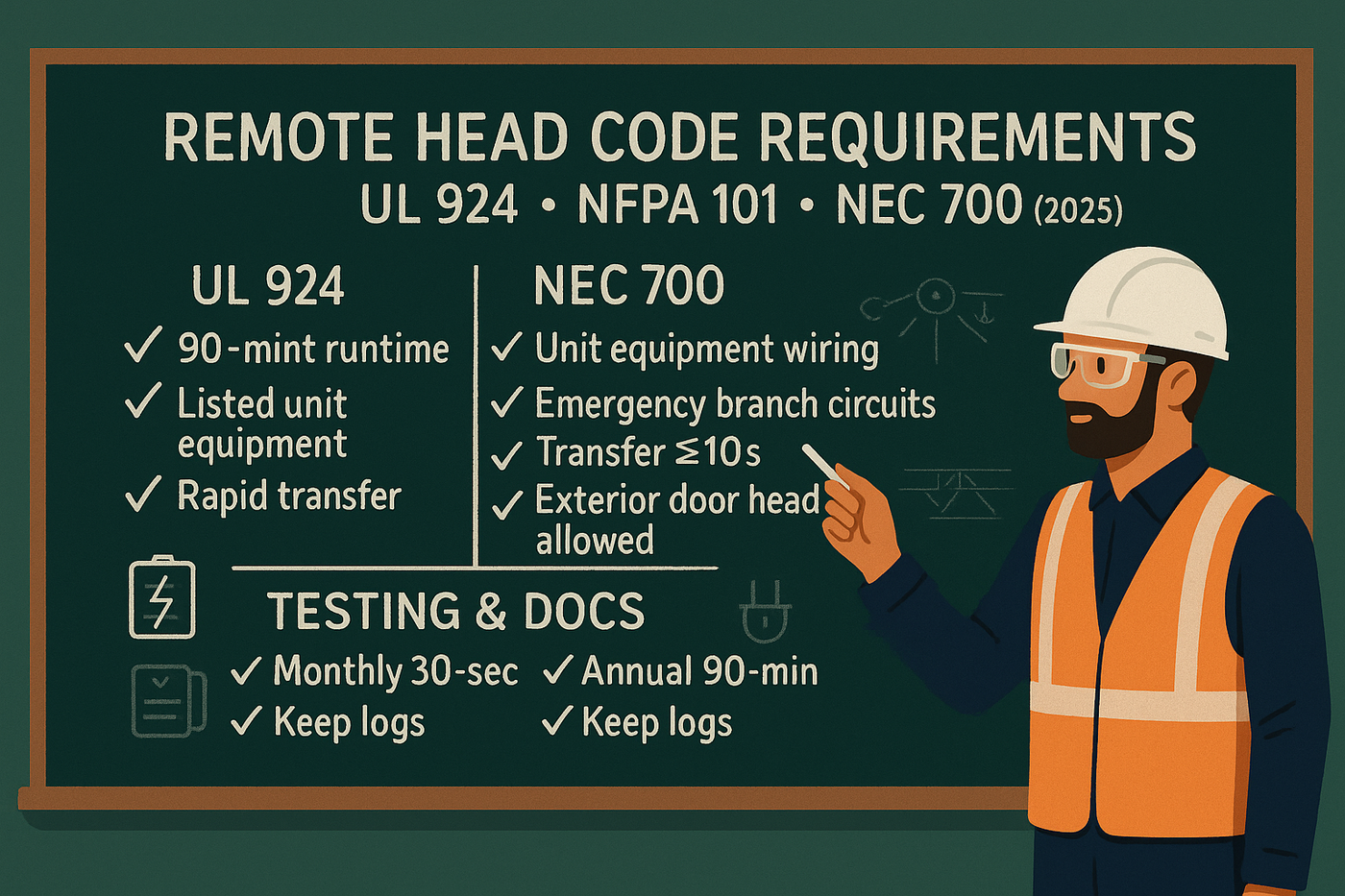 Remote Head Code Requirements: UL 924 + NFPA 101 + NEC 700 Instruction