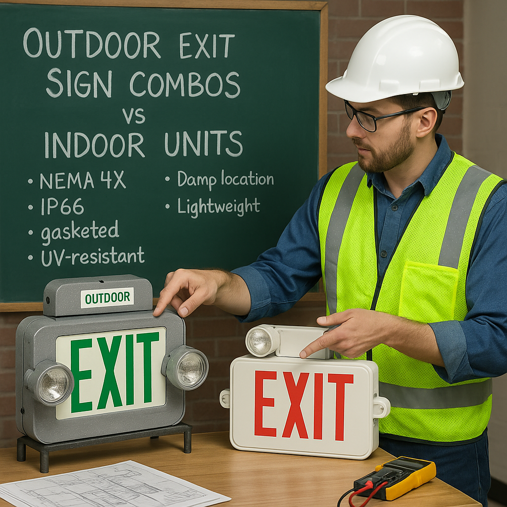 Outdoor / Wet-Location Exit Sign + Light Combo Units – Ratings, Sizing & Install Guide