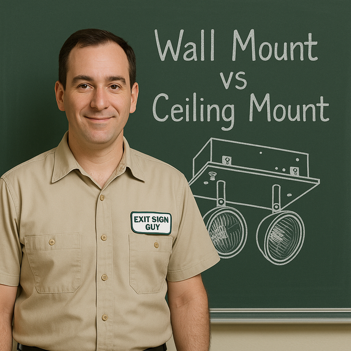 Exit Sign Guy in front of chalkboard comparing wall vs ceiling mount emergency lights with diagram.