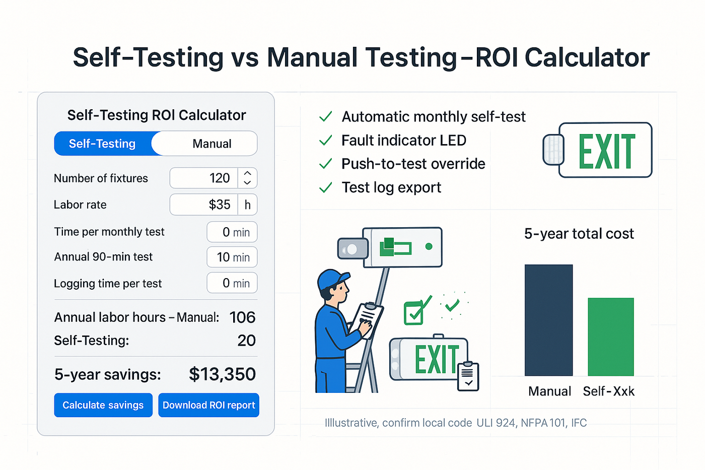 Self-Testing vs Manual ROI — Exit Signs & Emergency Lights