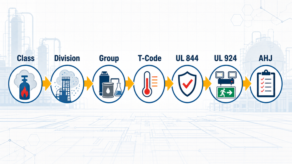 Hazardous-location emergency lighting selection path showing Class, Division, Group, T-code, UL 844, UL 924, and AHJ review.