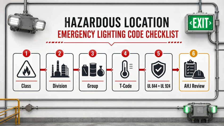 Hazardous-location emergency lighting code checklist showing Class, Division, Group, T-code, UL 844, UL 924, and AHJ review.