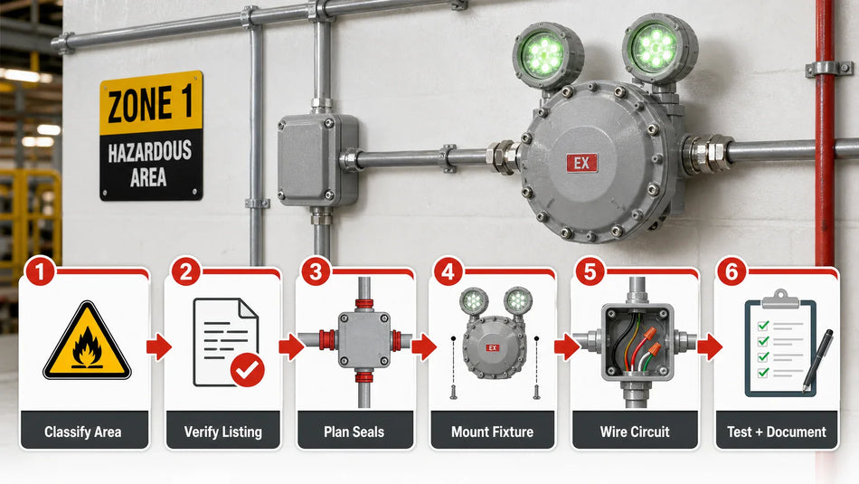 Explosion-proof emergency lighting installation workflow showing area classification, listing verification, seals, mounting, wiring, testing, and documentation.