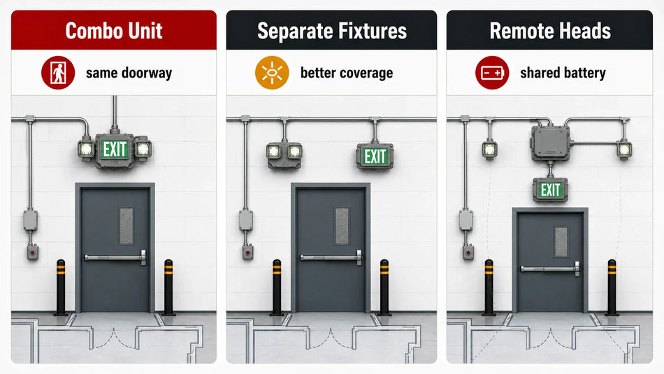 Hazardous-location egress layout comparison showing combo units, separate fixtures, and remote heads.
