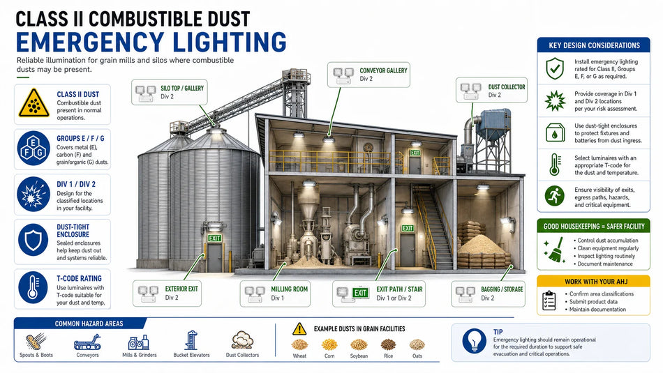 Class II combustible dust emergency lighting visual showing grain silos, conveyors, milling rooms, bagging areas, dust collectors, Groups E/F/G, Div 1/2, and dust-tight enclosures.