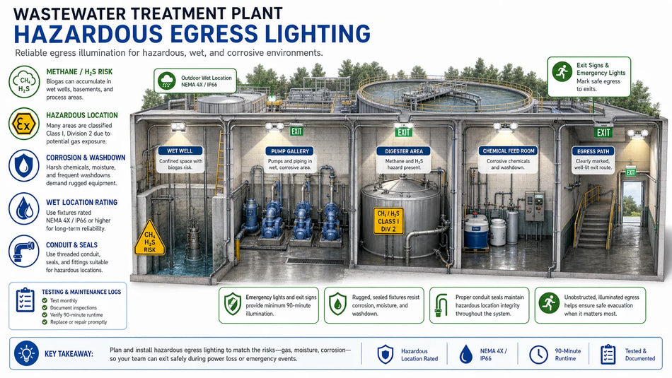 Wastewater treatment hazardous egress lighting visual showing wet wells, pump galleries, digesters, chemical feed rooms, gas risk, corrosion, washdown, and testing logs.