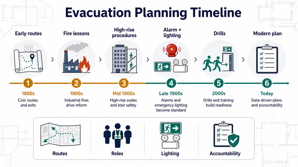 Evacuation planning timeline from early routes and fire lessons to alarms, emergency lighting, drills, and modern evacuation plan accountability.