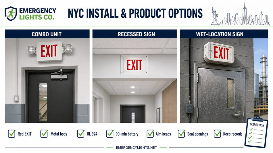 NYC install and product options visual showing combo units, recessed exit signs, wet-location exit signs, red EXIT legends, metal bodies, UL 924, aiming, sealed openings, and records.