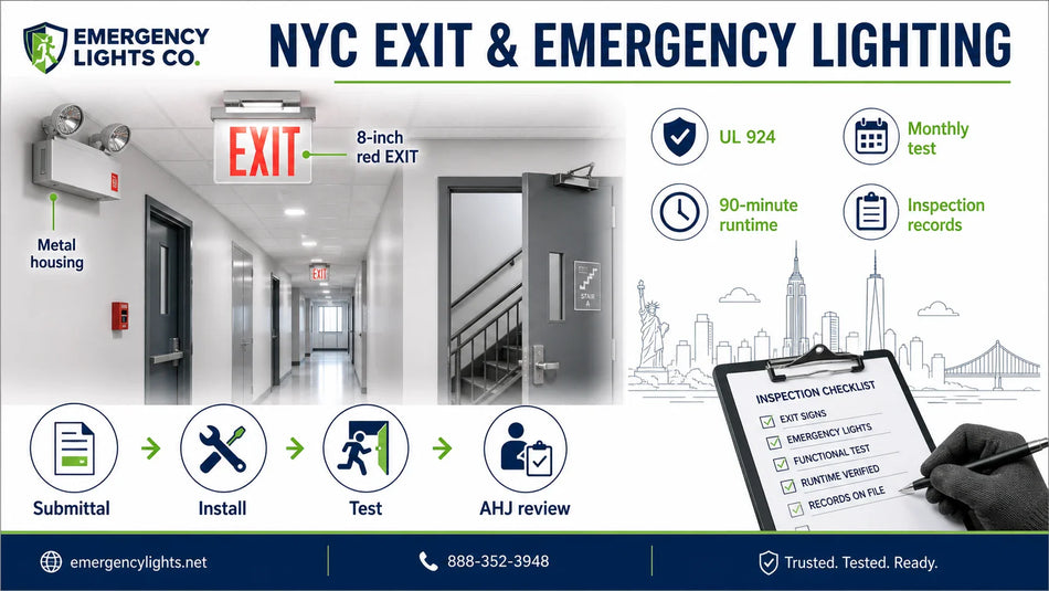 NYC exit and emergency lighting compliance visual showing red EXIT signs, metal housings, UL 924, 90-minute runtime, monthly tests, inspection records, and AHJ review.