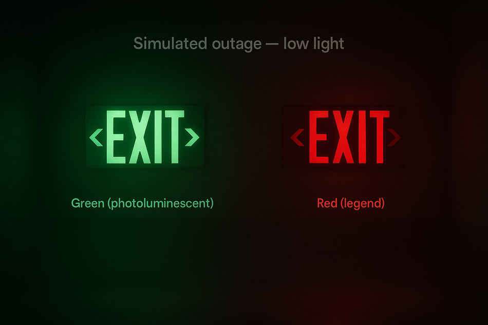Simulated low-light example (photoluminescent): greenish glow field vs red EXIT legend legibility