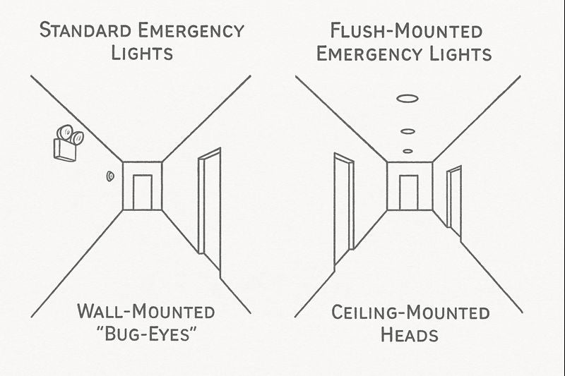 Simple corridor plan comparing wall-mounted bug-eye emergency lights on one side to evenly spaced ceiling-mounted heads on the other.