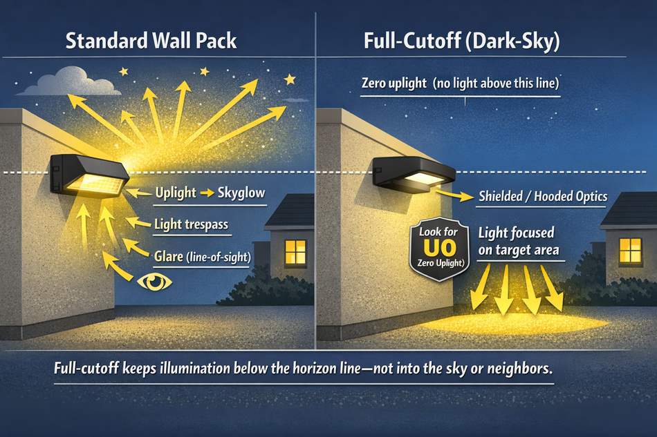 Side-by-side infographic comparing a standard wall pack that emits uplight and glare versus a full-cutoff dark-sky wall pack that keeps light below the horizon line using shielded optics and a U0 zero-uplight design.