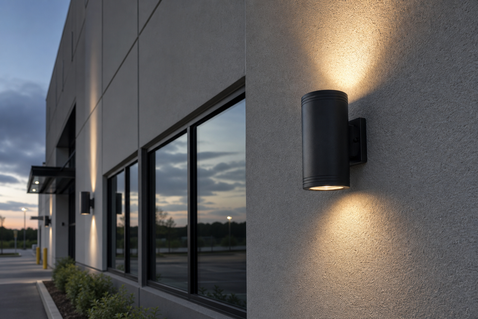 BCY LED cylinder wall pack installed on a commercial exterior wall