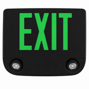 Green EXIT die-cast aluminum emergency combo with black finish and dual lamp heads