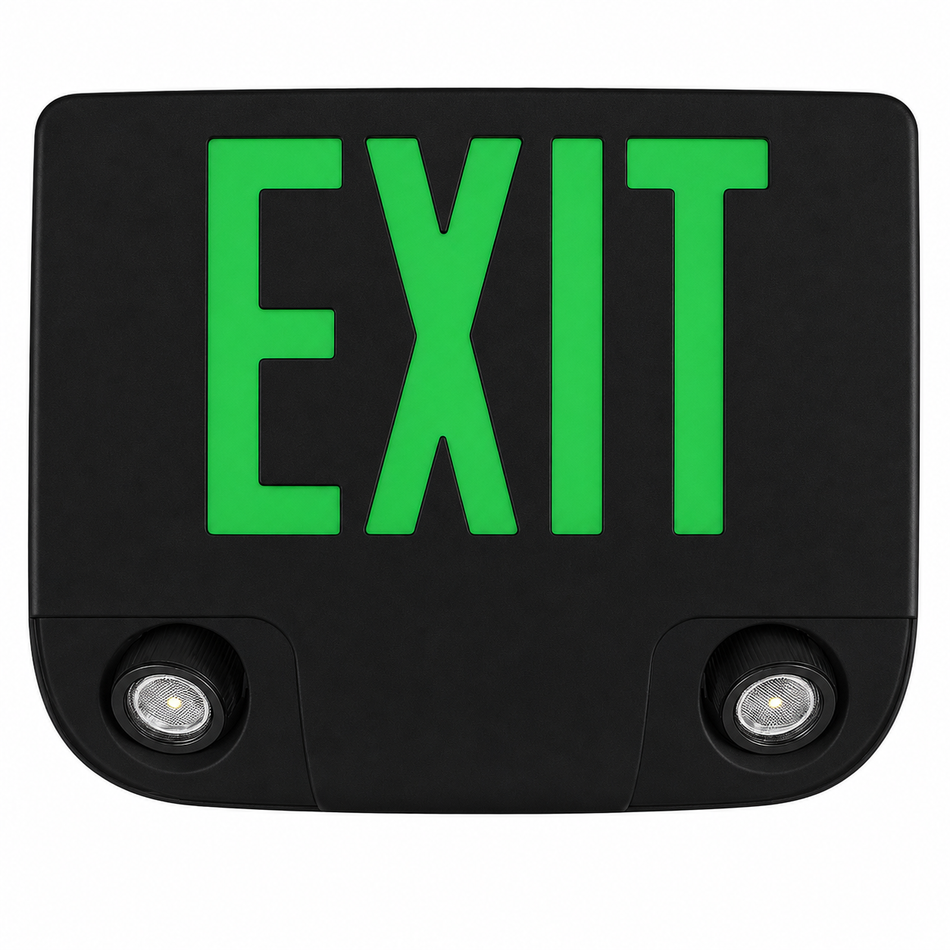 Green EXIT die-cast aluminum emergency combo with black finish and dual lamp heads