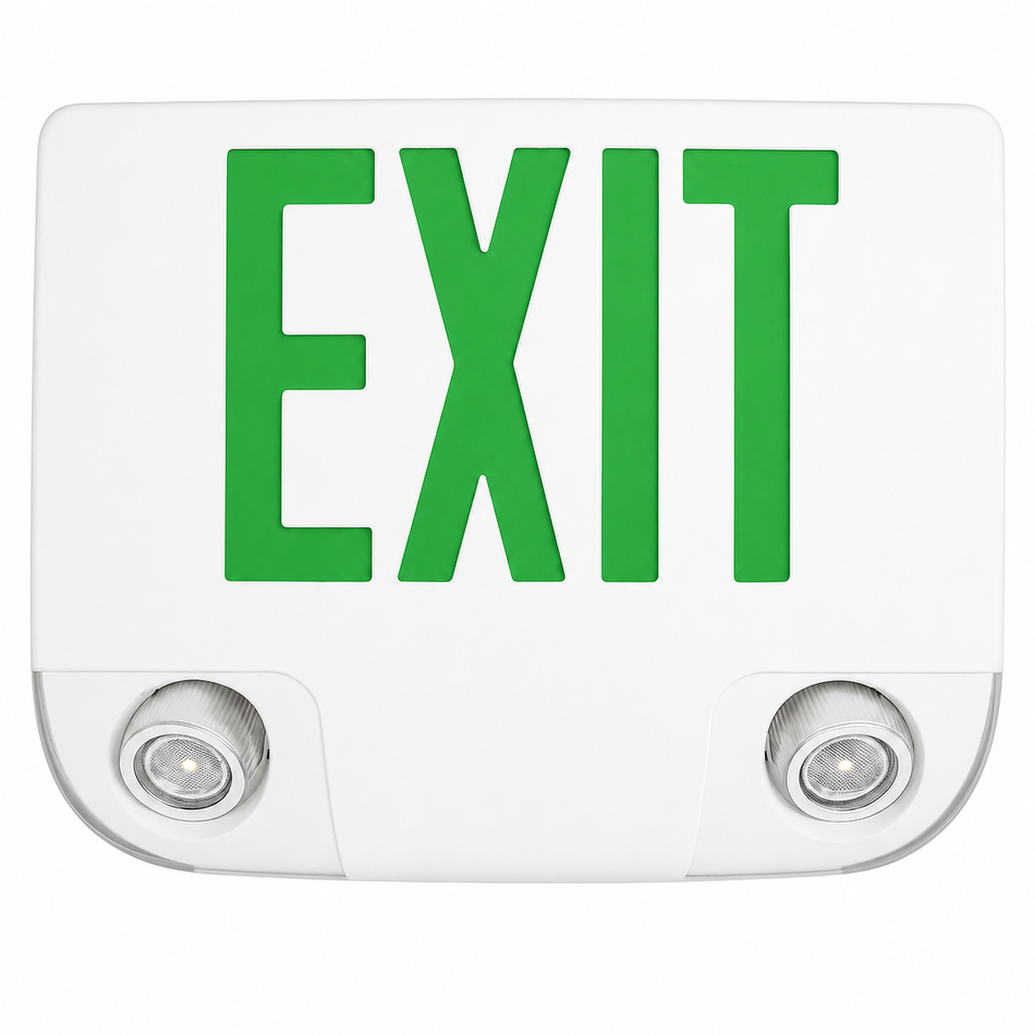 Green EXIT die-cast aluminum emergency combo with white finish and dual lamp heads