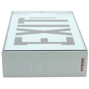 Red LED EXIT sign in white steel housing, side view.