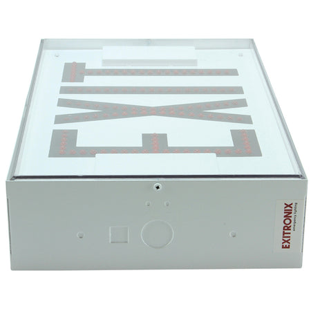 Red LED EXIT sign in white steel housing, side view.