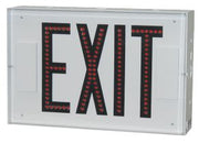 Red LED EXIT sign with black housing, front view.