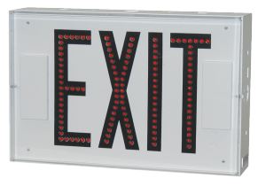Red LED EXIT sign with black housing, front view.