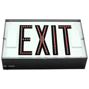 Red LED EXIT sign with white housing, angled front view.