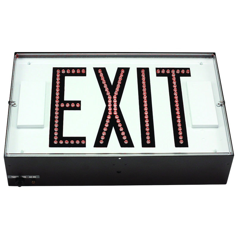 Red LED EXIT sign with white housing, angled front view.