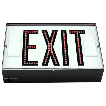 Red LED EXIT sign with white housing, angled front view.