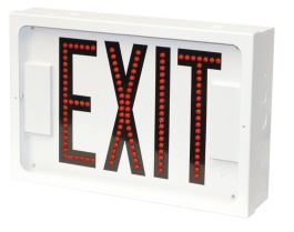 Red LED EXIT sign in white steel housing, angled front view.