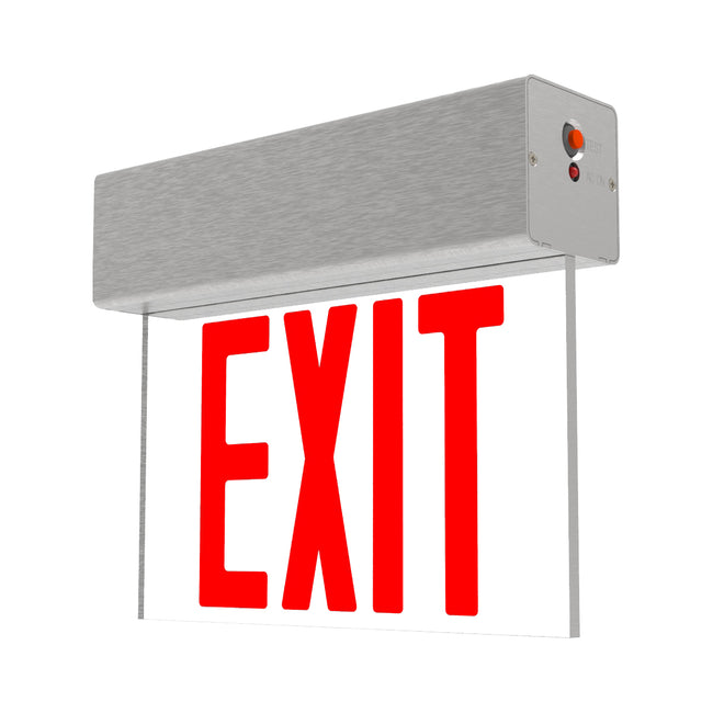 UL 924 edge-lit LED exit sign with red letters, brushed aluminum surface-mount housing