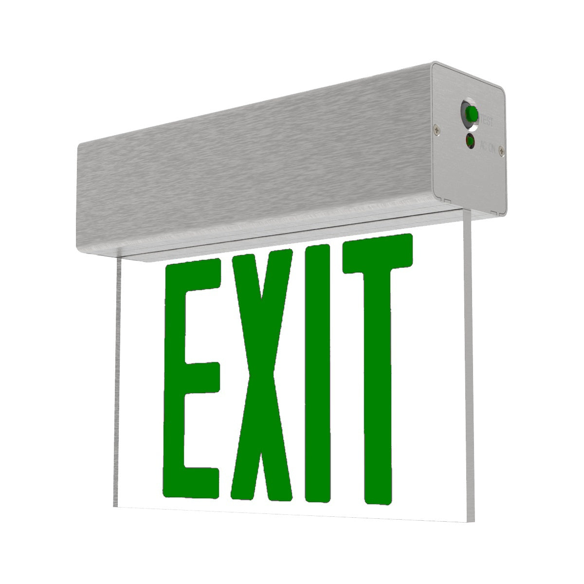 UL 924 edge-lit LED exit sign with green letters, brushed aluminum surface-mount housing.