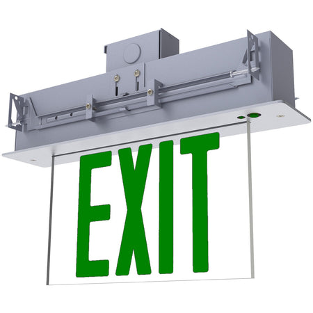 UL 924 recessed edge-lit LED exit sign with green letters and aluminum ceiling housing.