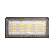 LED array with multi-row diode configuration behind a clear polycarbonate lens on wall pack fixture
