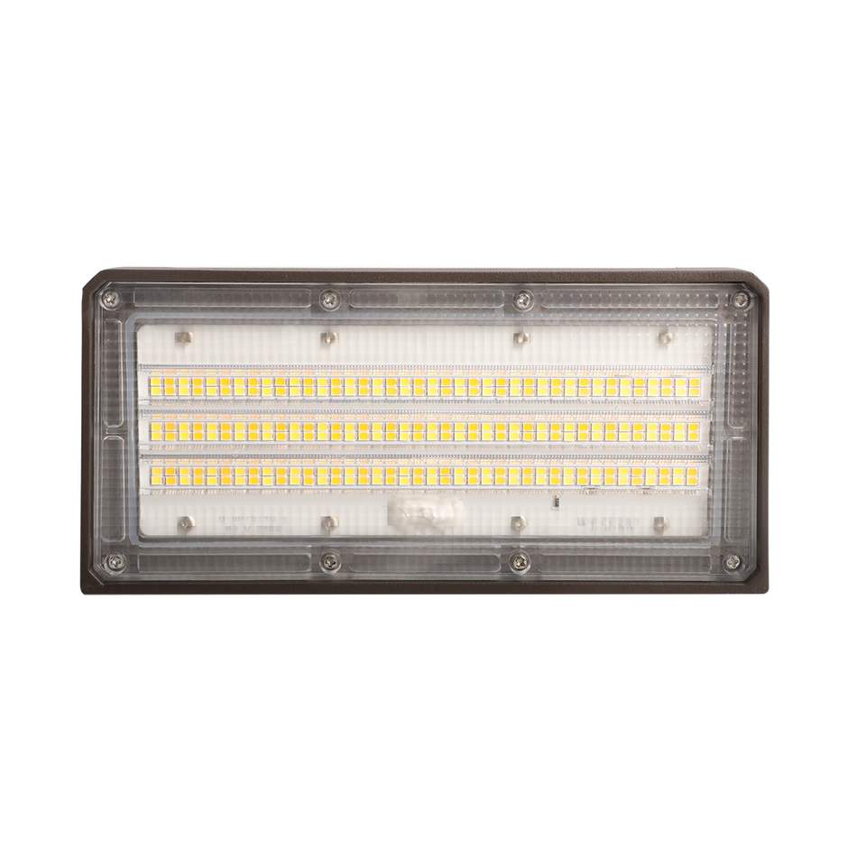 LED array with multi-row diode configuration behind a clear polycarbonate lens on wall pack fixture