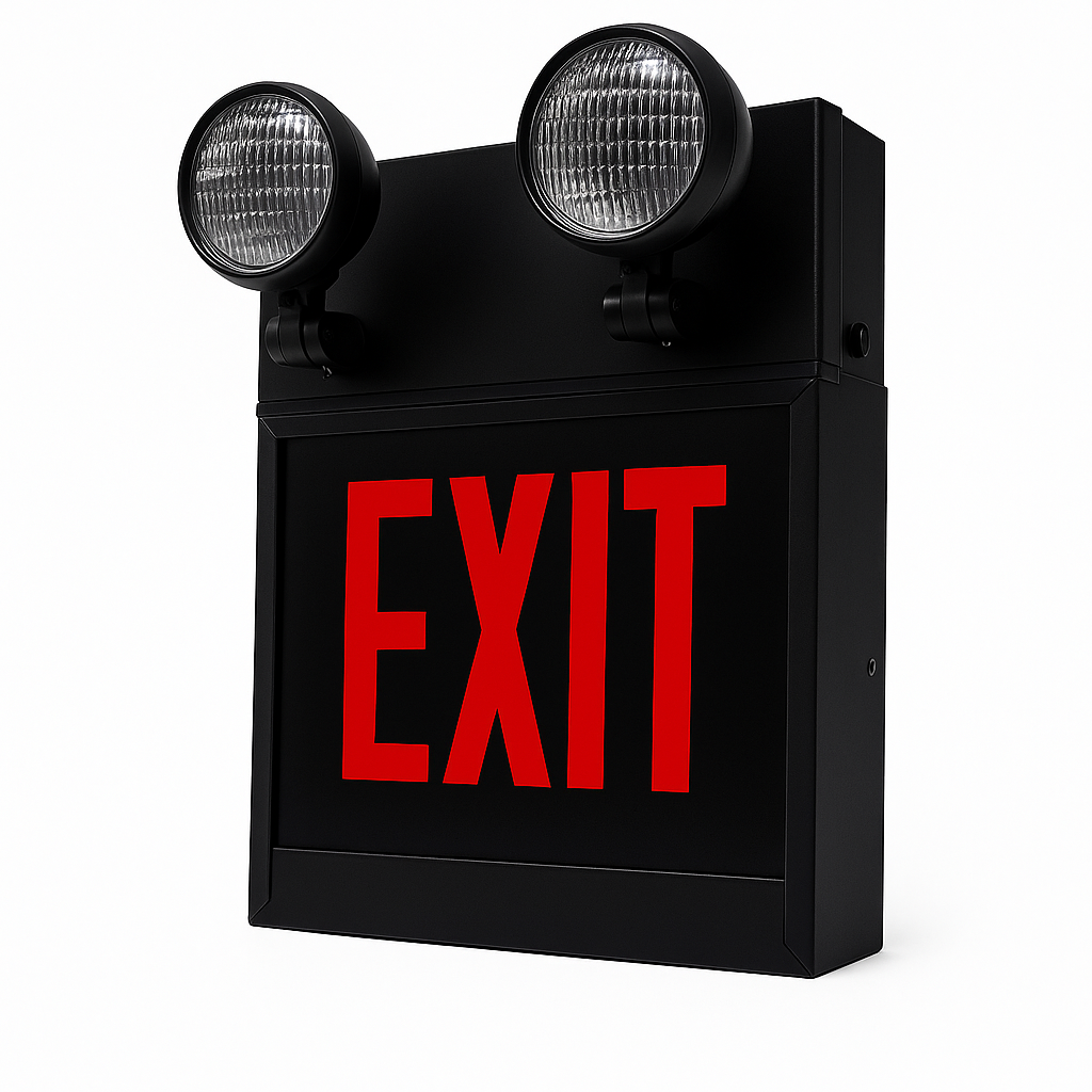 Steel LED Exit Sign with Emergency Lighting with black housing for Chicago Code