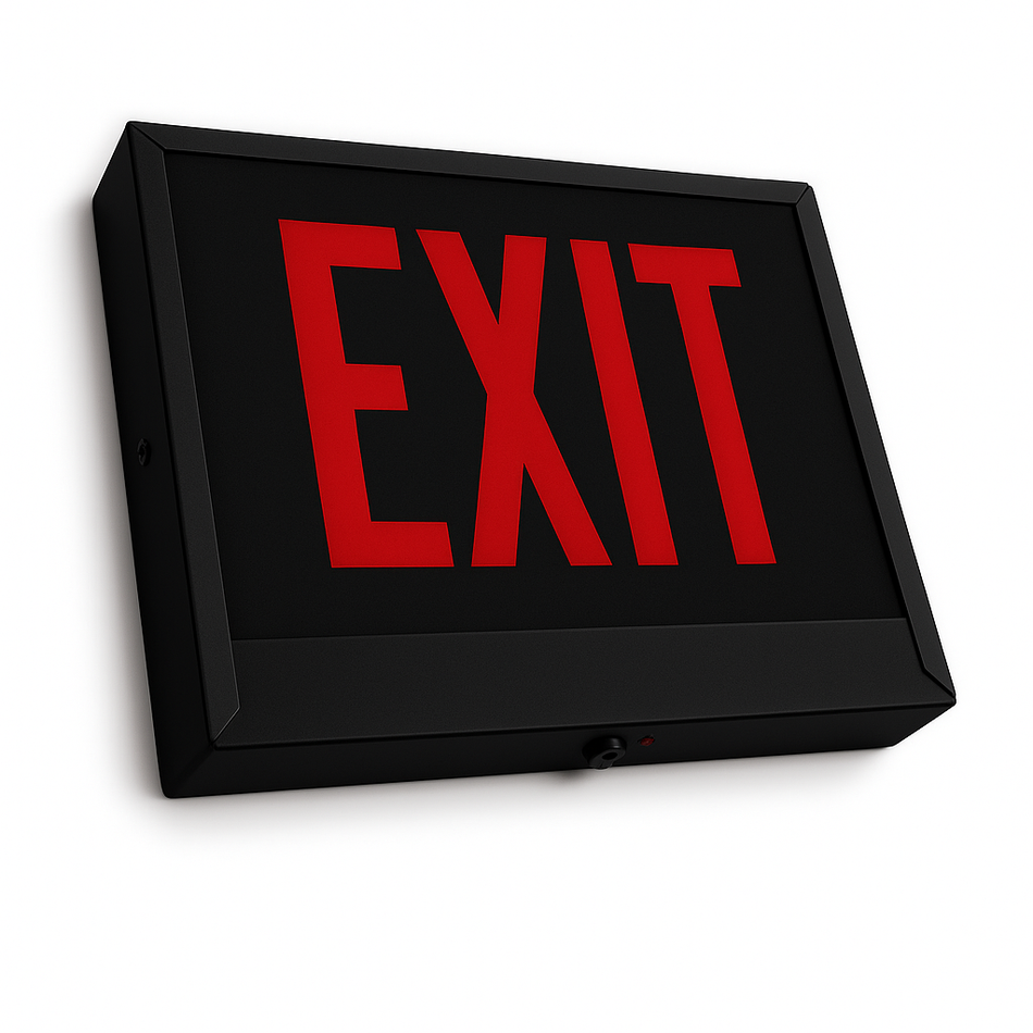 CAXTE Chicago-approved steel EXIT and STAIR sign with red letters and black steel housing