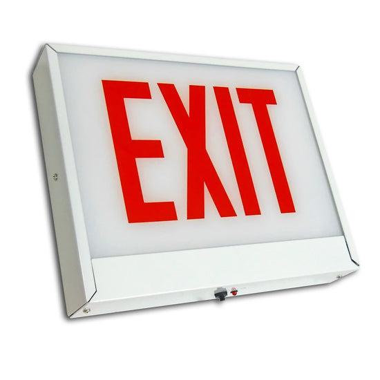 CAXTE Chicago-approved steel EXIT and STAIR sign with red letters and white steel housing