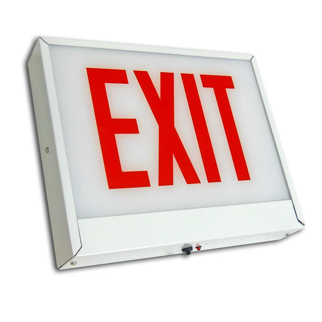 Chicago-approved steel exit and stair sign with red letters on white background