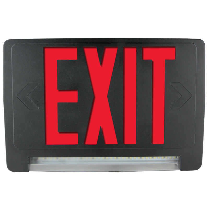 Red LED exit sign with integrated light-bar – front view showing low-profile design