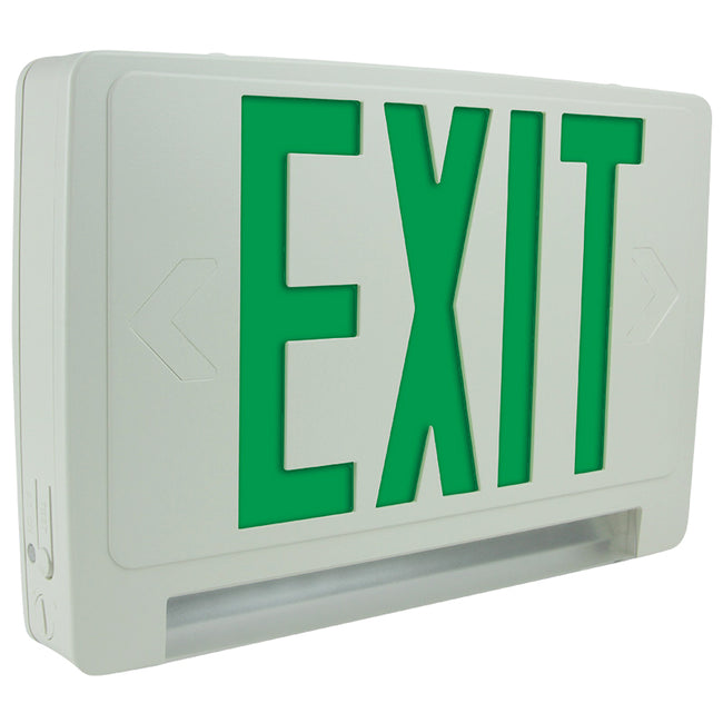 Green LED exit sign with integrated light-bar – front view showing low-profile design