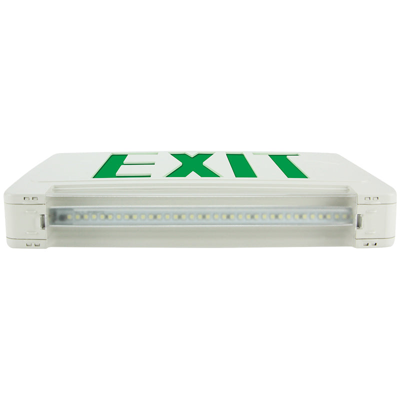 Green-letter LED exit sign with integrated emergency light bar, low-profile combo, white housing
