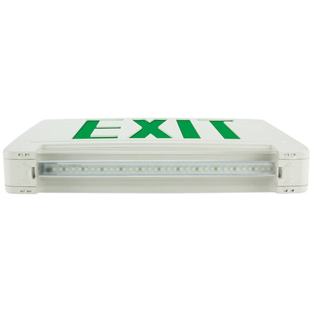 Green-letter LED exit sign with integrated emergency light bar, low-profile combo, white housing