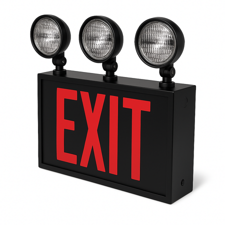 NYC-Compliant LED Exit Sign with 3-Head Emergency Lighting - black housing