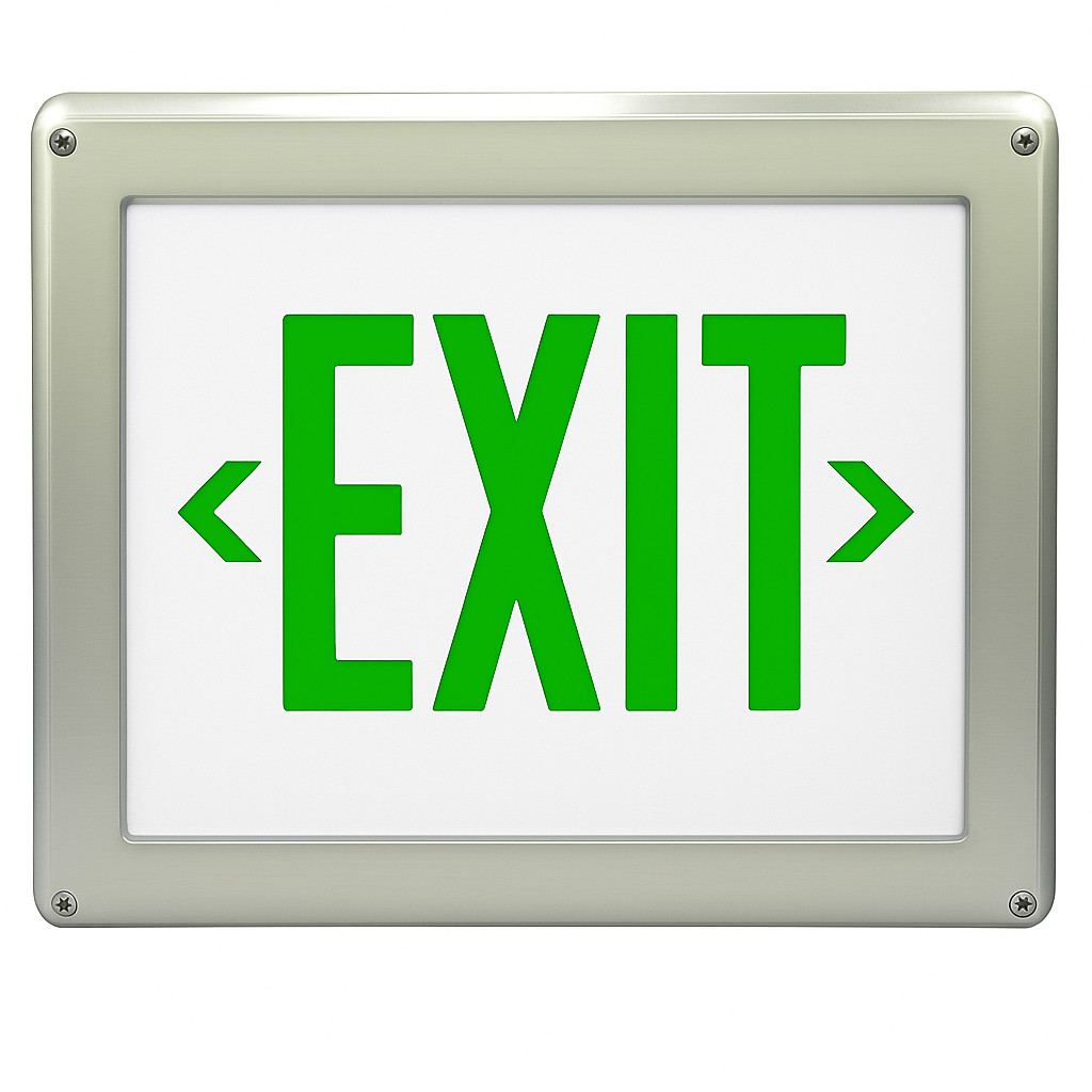 Green Hazardous-location LED exit sign – front view with clear EXIT legend