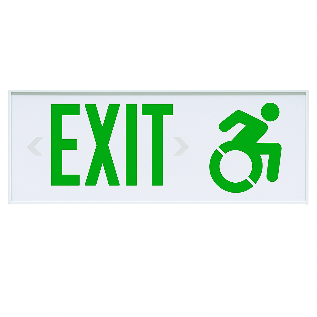 LED green exit sign with wheelchair symbol – front view with aluminum frame