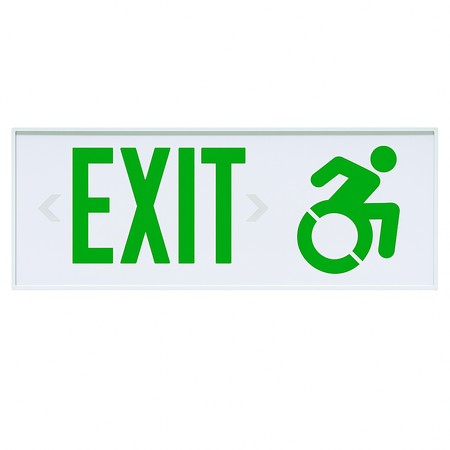 LED green exit sign with wheelchair symbol – front view with aluminum frame