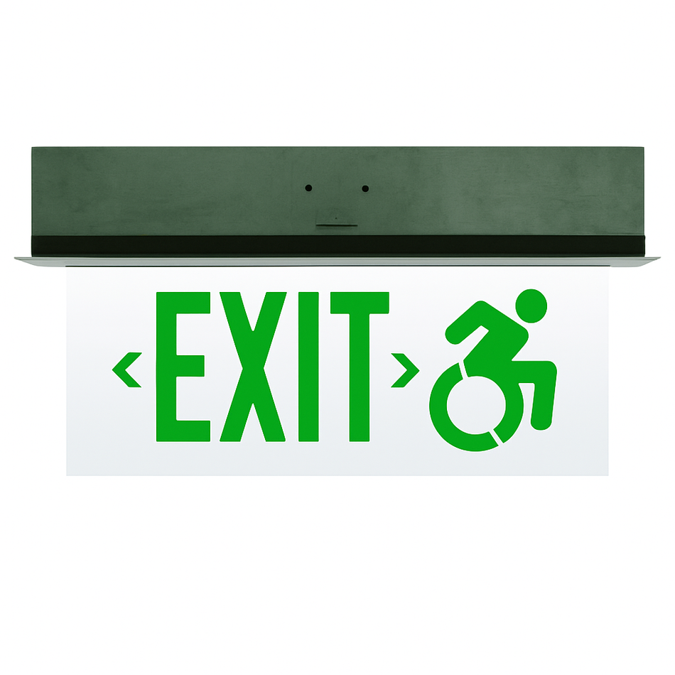 Connecticut-code edge-lit exit sign - Green Letters – front view showing slim aluminum housing